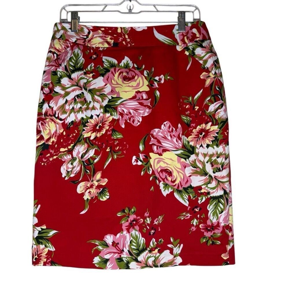 Emerge Red Floral Cotton Pencil Skirt Sz 12 Career, Classic